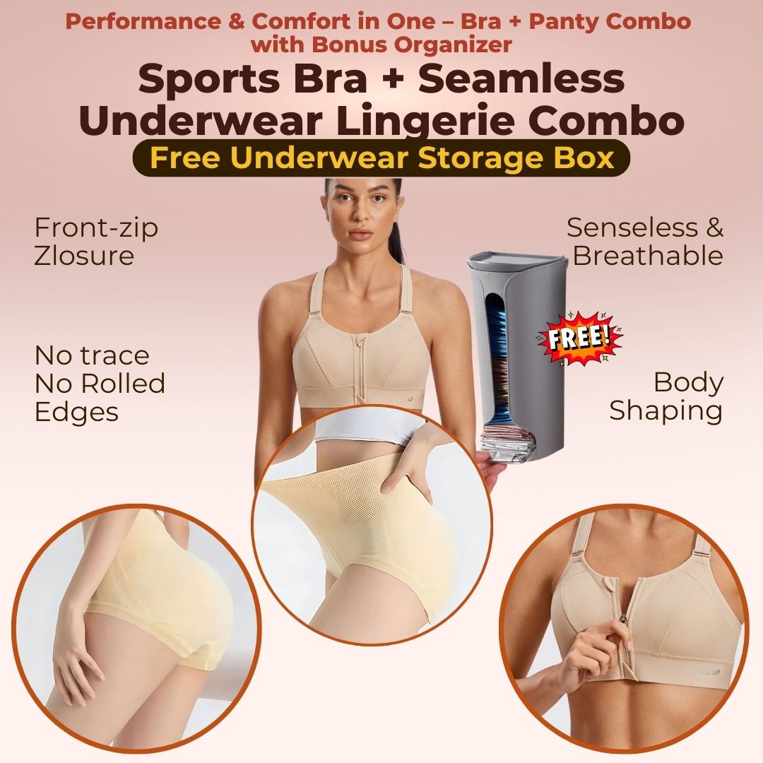 Zip Up Sports Bra and Seamless Underwear Same Color Lingerie Combo With FREE Undergarment Storage Box